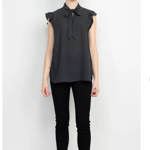 Counterparts Black & White Mini Polka Dot Blouse Tie Neck Flutter Sleeves Size S - Picture 10 of 10